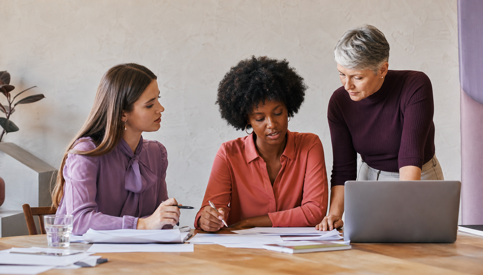 Women at different career stages solving a problem together