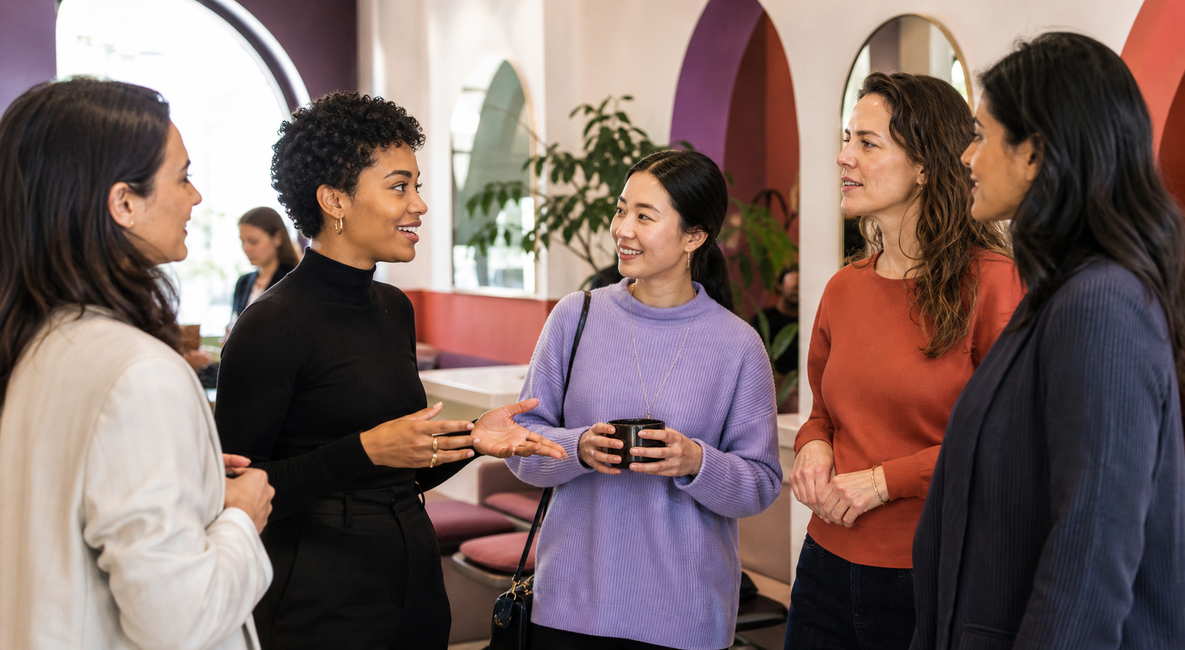 Women at different career stages talking at a community gathering