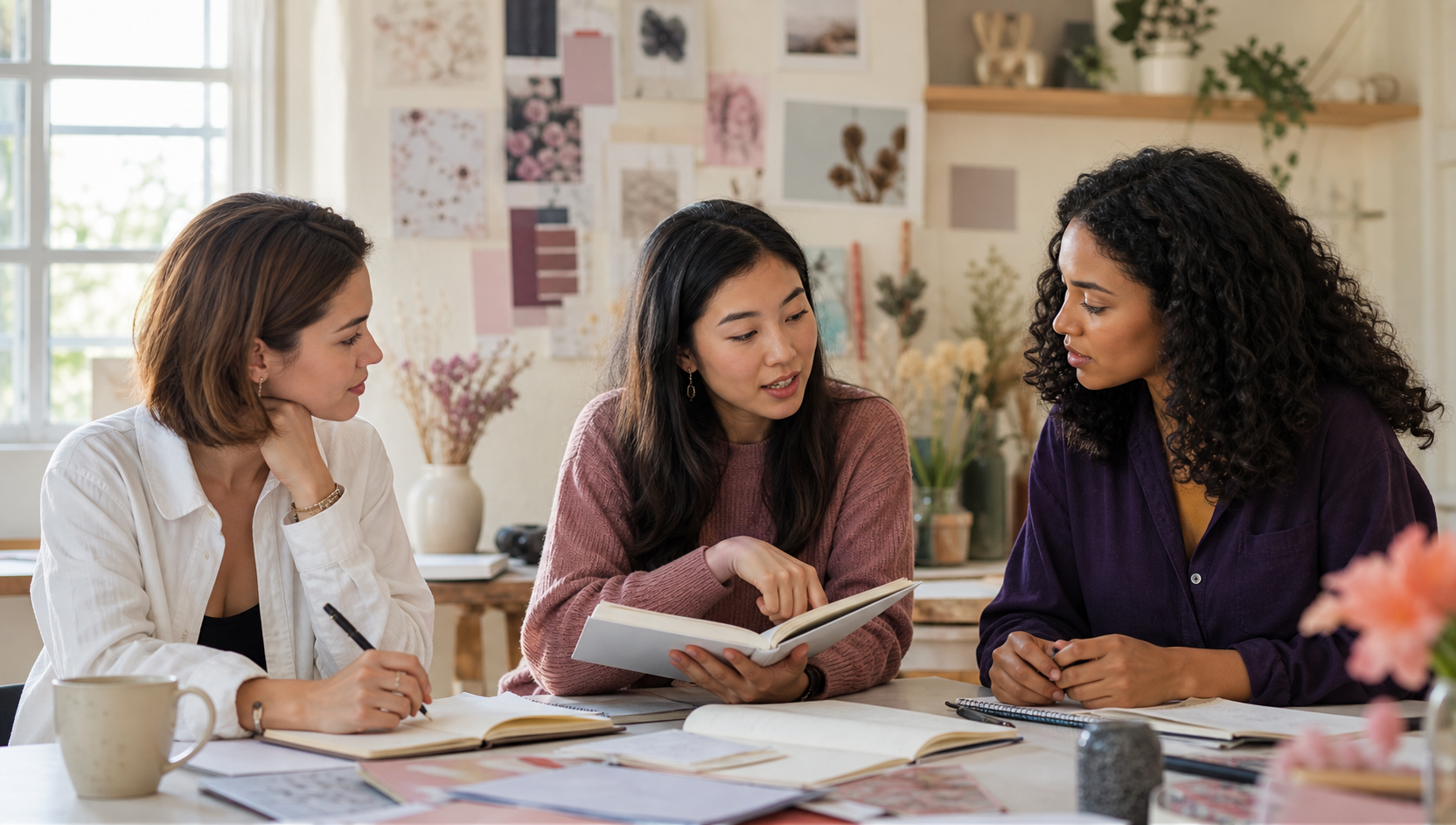Three young women learning and sharing ideas together