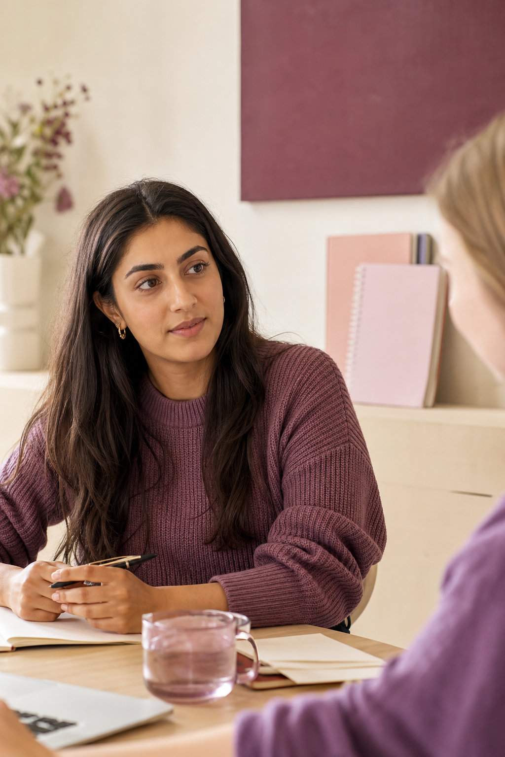 A young professional listening during a working session