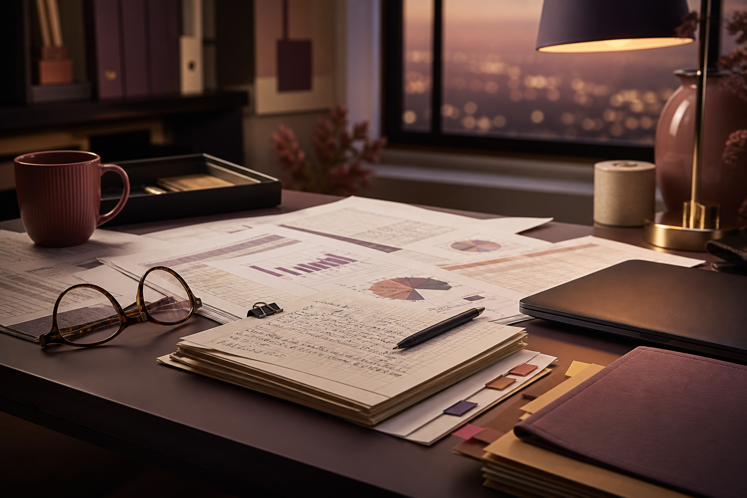 An investigative work desk with financial documents, notes, reading glasses and a laptop