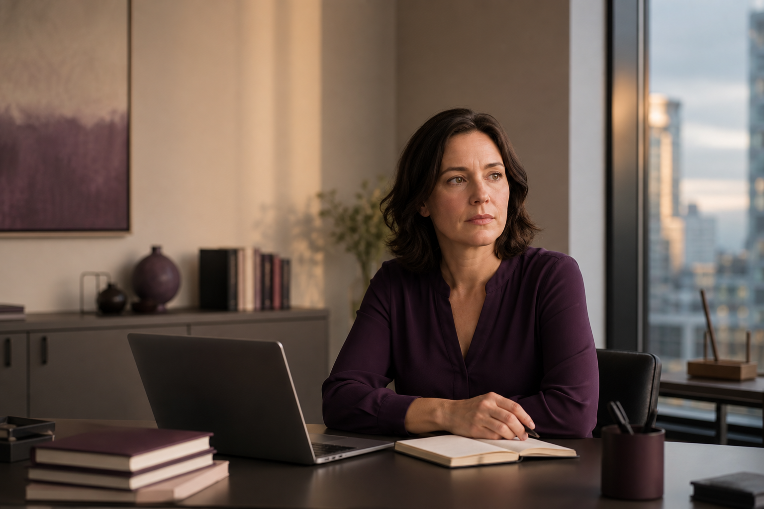 An experienced professional reflecting alone at her desk