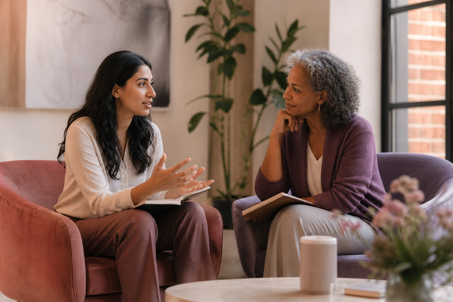 A younger professional speaking with an experienced mentor