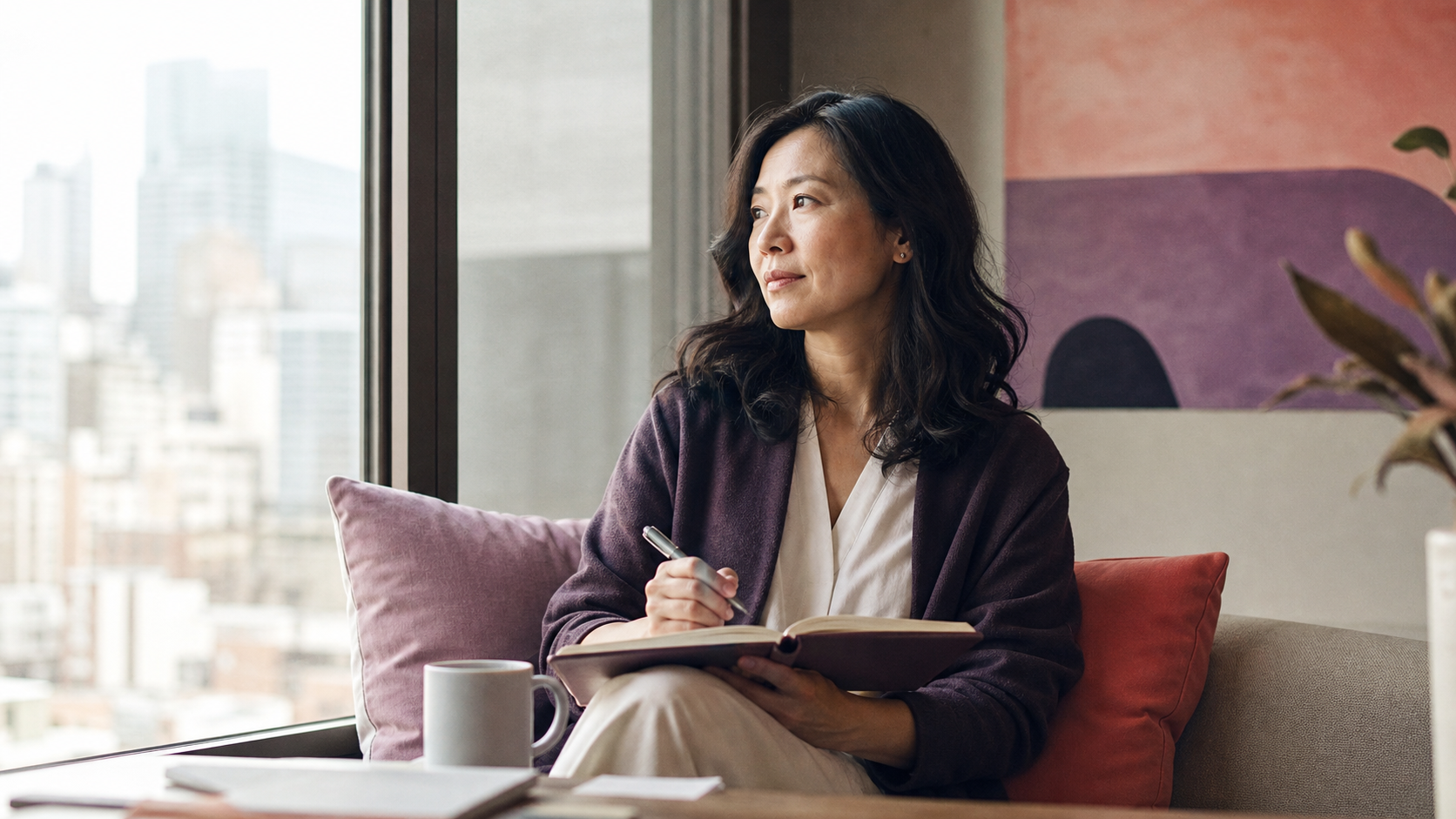 A woman calmly considering her next career step
