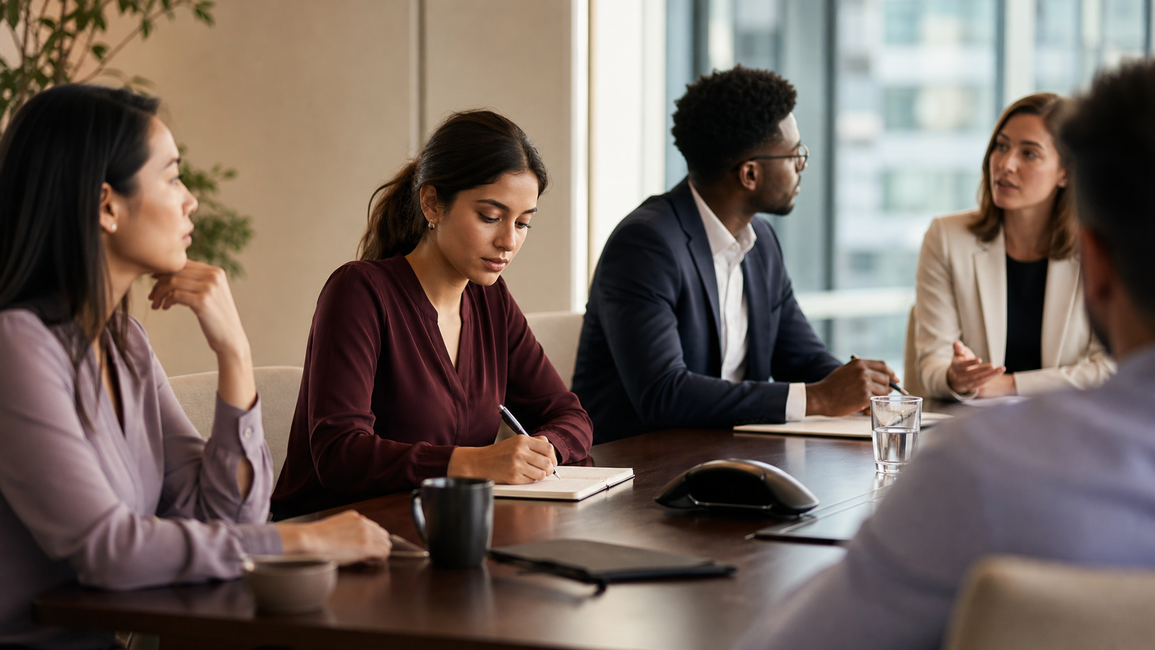 A young professional woman taking notes during an office meeting