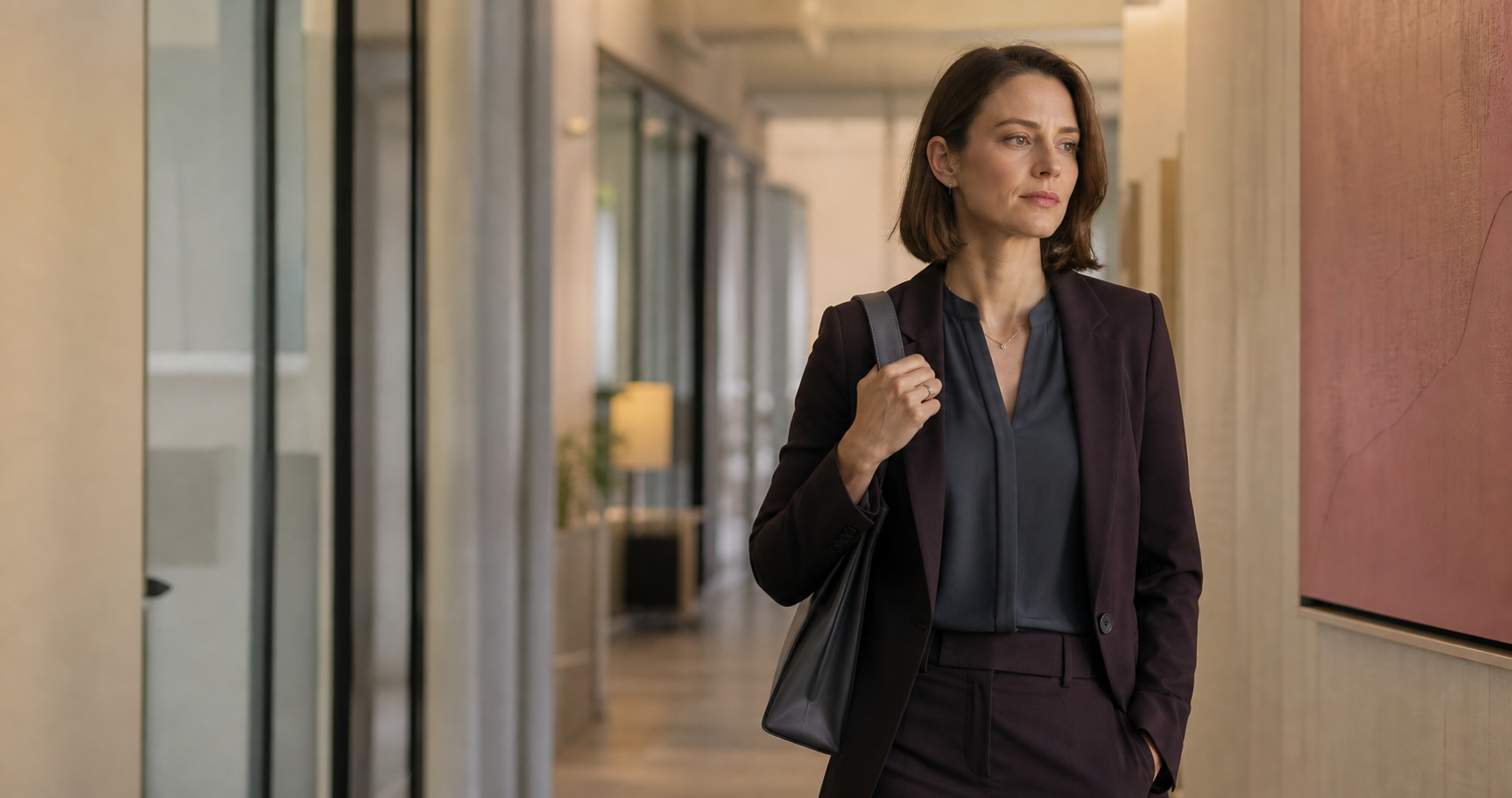 A professional woman regaining her composure in an office corridor